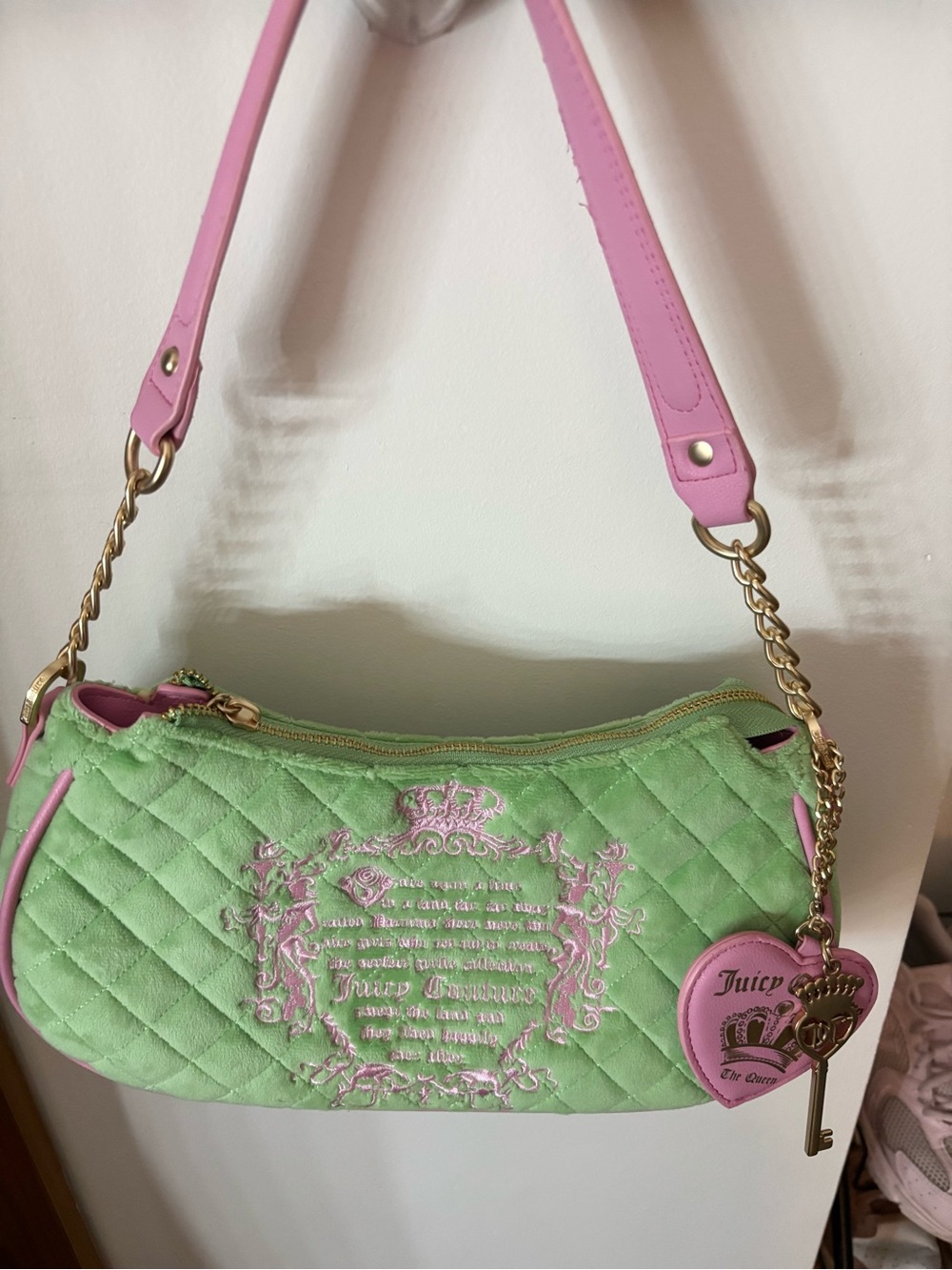 Juicy Couture Green Quilted Shoulder Bag with Pink Accents